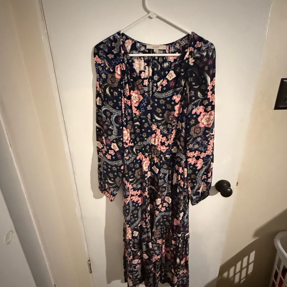 LOFT Floral Long Sleeve Dress in Navy and Pink